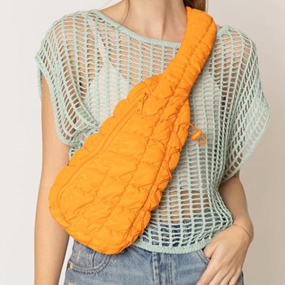 NWT Orange Brielle Quilted Puffer Sling Bag | Lightweight Crossbody Chest Bag - Picture 2 of 6